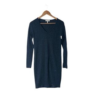 Three Dots Blue Long Sleeve Virgin Wool Silk Midi Dress V-Neck Soft Cozy Size XS
